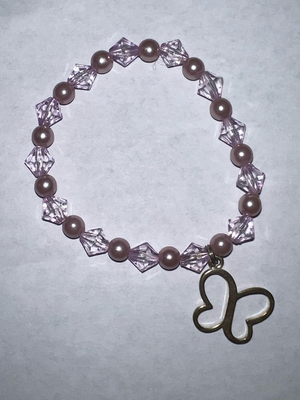 🍄 Women’s Pink Beaded Stretch Bracelet Butterfly Charm Jewelry Faceted Round